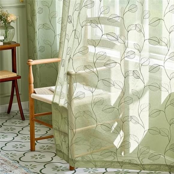 Sage Sheer Curtains Leaf Embroidered 96 Inch Long for Living Room Bedroom Rod - Picture 7 of 7